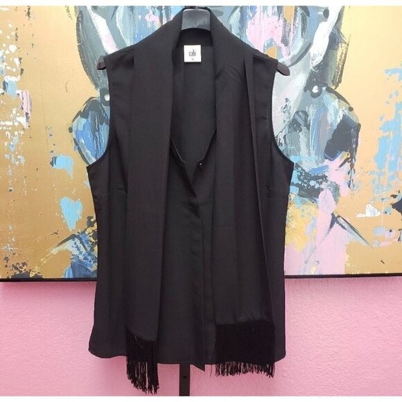 Cabi Sz M Black Fringed Tie Neck Shawl Scarf Sleeveless Tank Top Button Up - Picture 10 of 16